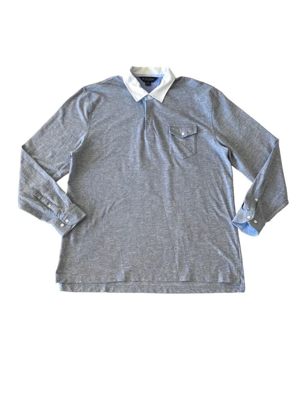 Brooks Brothers Linen Blend Polo Shirt Long Sleeve 3 Button Heathered Blue XXL